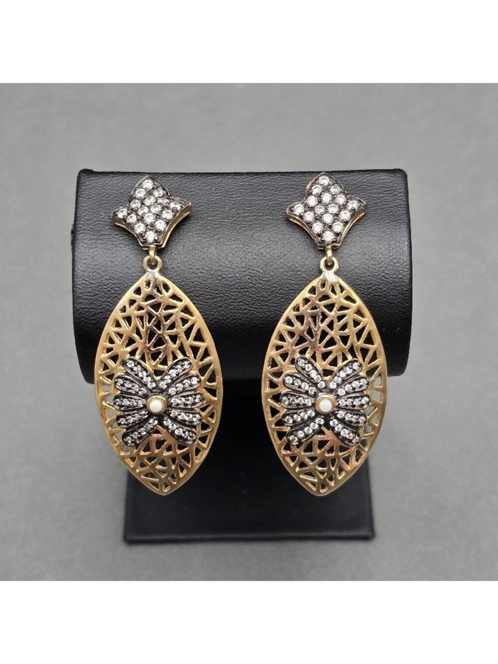 Esha Gold Plated Rhinestone Filigree Dangle Earrings 2.25" Designer Modern Post